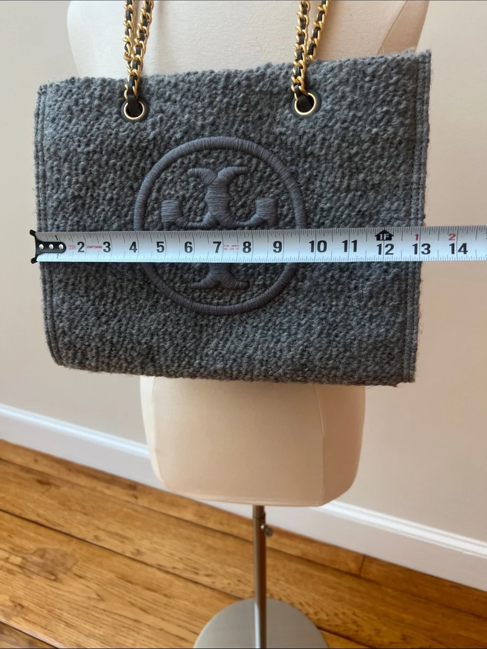 Tory Burch Gray Textured Logo Tote with Gold Chain Straps